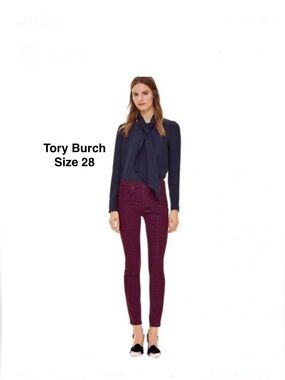 TORY BURCH LN Burgundy Floral Print Skinny Jeans size 28⭐️⭐️⭐️⭐️